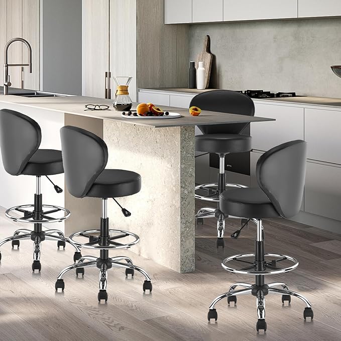 KLASIKA Black PVC Faux Leather Drafting Chair Set of 4 Rolling Swivel Salon Stool with Back Support Foot Rest Adjustable Hydraulic Seat Height for Massage Facial Spa Medical Drafting Tattoo Beauty