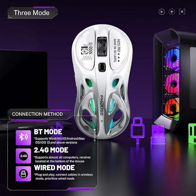 M235 Wireless Gaming Mouse, 65g Ultra-Lightweight, Hollowed-Out Sports Car Design, 4800 DPI, Tri-Mode (2.4G/BT/Wired), 8 Programmable Buttons, RGB Lighting, 1000Hz Polling Rate (Silver Frost)