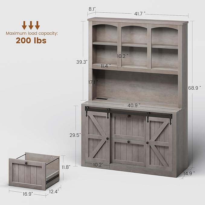 SEDETA 2 Drawer File Cabinet with Power Strip, 41” Farmhouse Filing Cabinet fits Legal, Letter, A4 Size Files for Home Office, Printer Stand with Storage Shelf, Bar Door and LED Lights (Grey)