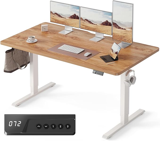 Cubiker Standing Desk, 63x28 Inches Sit Stand Home Office Desk, Electric Stand up Desk, Adjustable Desk with Splice Board, White Frame/Light Rustic Top