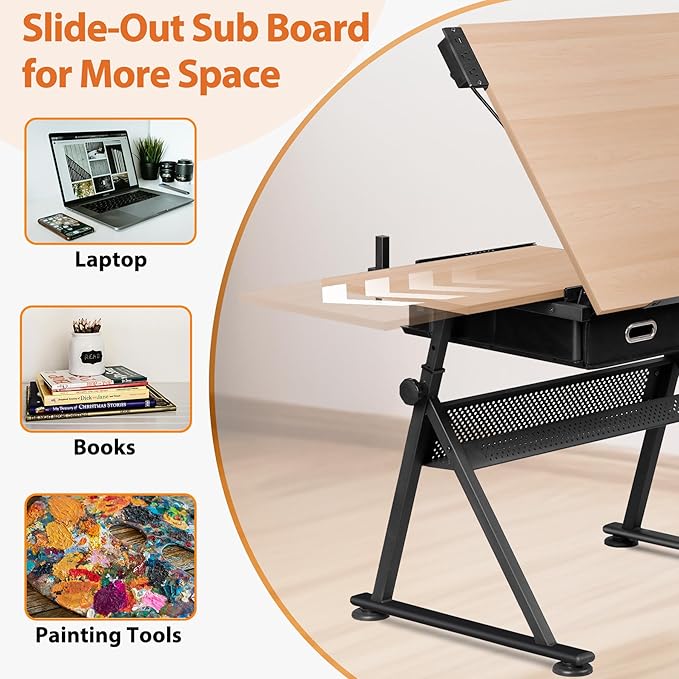 SUPER DEAL Drafting Table Set with Charging Station, Tilting Tabletop Adjustable Height Art Desk Multifunctional Craft Workstation with Stool, 2 Storage Drawers for Home Office School, Natural