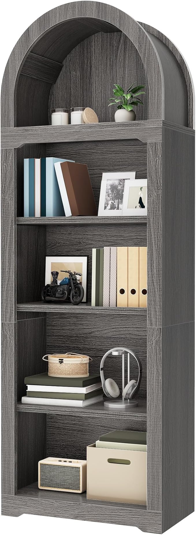 YITAHOME Arched Bookshelf, 68.5" Tall Bookcase, 5-Tier Arched Bookcase with Storage, Open Display Rack with Adjustable Shelves for Living Room and Home Office, Charcoal Gray