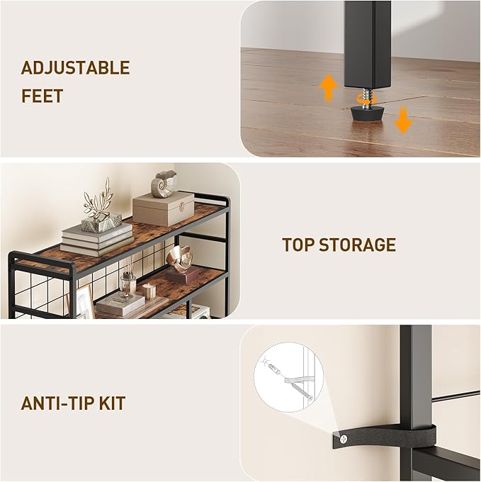 RALGEND Triple 5-Tier Bookshelf, Industrial Large Bookcase with 14 Open Display Shelves, Modern Tree Bookcase with Metal Frame and Hanging Function for Living Room, Home Office, Rustic Brown and Black