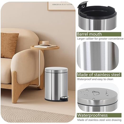 Bigacc Small Trash Can, Mini Stainless Steel 6 Liter/1.6 Gallon Bathroom Trash Can Step Garbage Can Round Trash can with Lid w/Removable Inner Bucket Waste Basket for Bathroom Kitchen Office