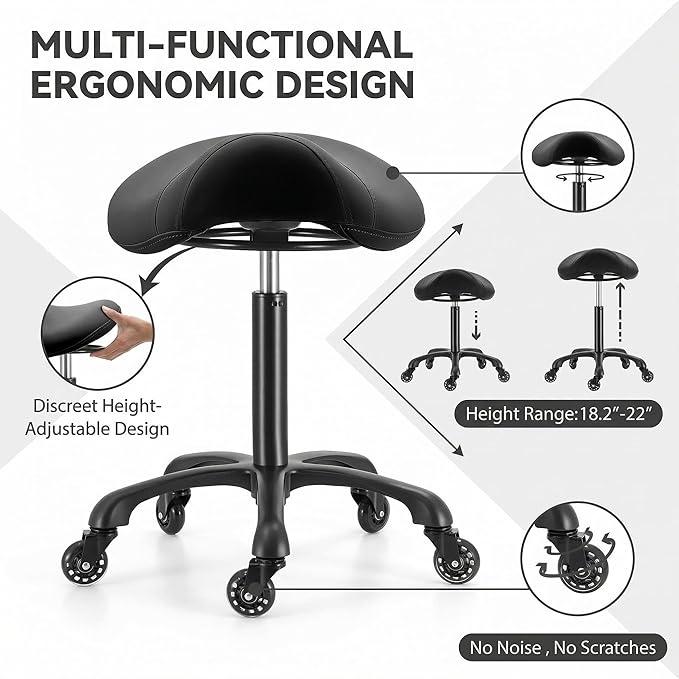 Saddle Salon Stool with Wheels,Heavy Duty Adjustable Rolling Drafting Chair for Barber, Tattoo, Nail,Spa,Dentist(Black)