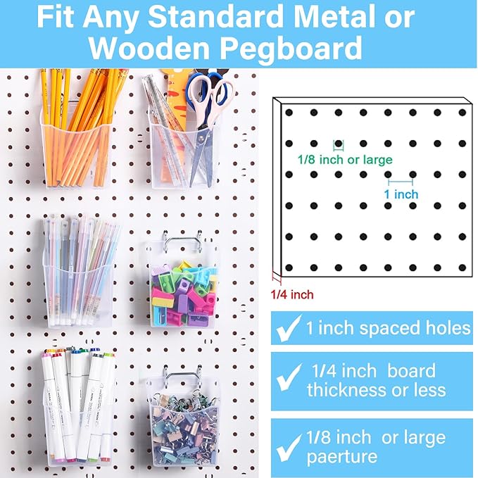 Reallnaive 6 Pack Pegboard Bins with Hooks - Translucent Pegboard Organizer Wall Containers - Kitchen, Office, Garage, Workshop, Bathroom