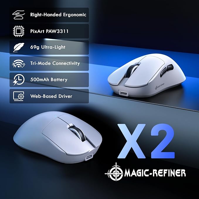 MAGIC-REFINER X2 69g Superlight Wireless Gaming Mouse,BK3633 Tri-Mode BT/2.4G Wireless/Wired Mouse,25000 DPI,1000Hz Polling Rate,500mAh,Med to Large Hand Size,5 Programmable Buttons for PC/Mac,White
