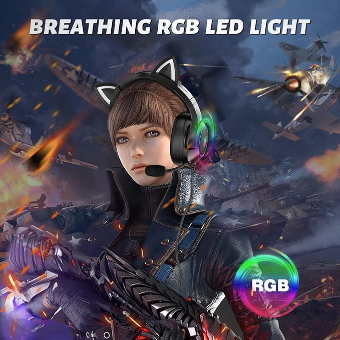 PHNIXGAM Cat Ear Gaming Cute Headset, Wired Headphones with Microphone, Surround Sound, LED Backlight for PS4, PS5, PC, Mobile Phone (Black)