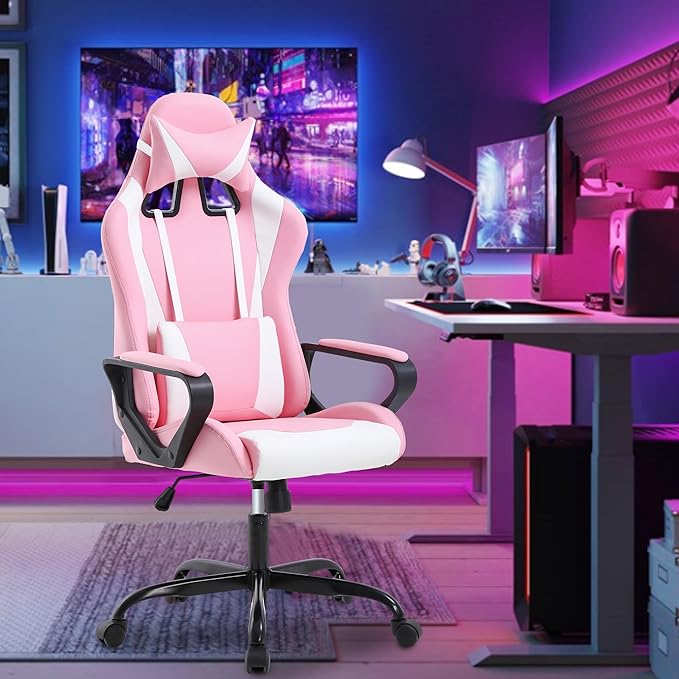 PayLessHere Ergonomic Racing Desk Chair Gaming Chair Computer Chair with Armrests 360° Swivel & Caster Pu Desk Task Chair Executive Headrest Lumbar Support for Back Pain Women Men and Adults,Pink