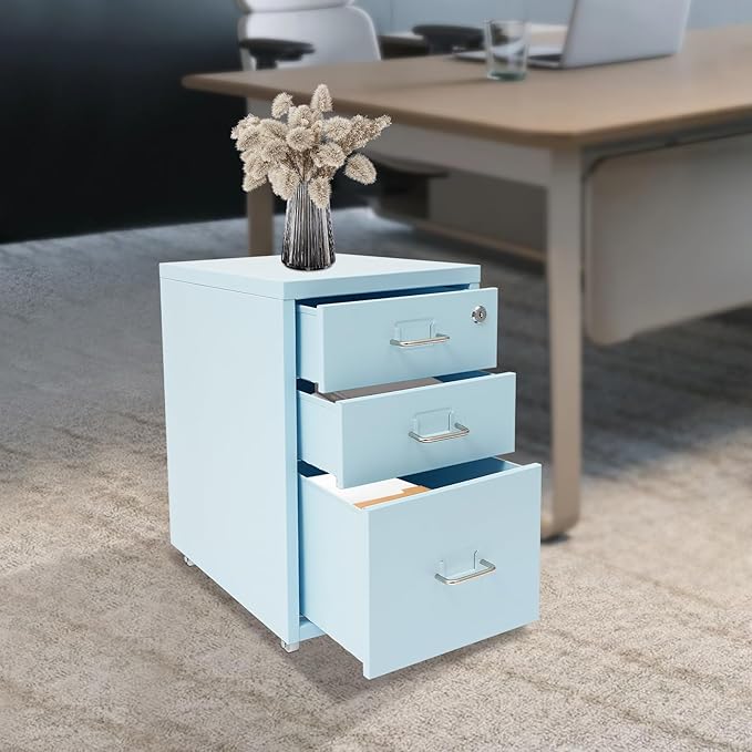 File Cabinet with Lock, 3-Drawer Vertical File Cabinet, 11 * 16 * 18.3In Metal File Cabinet with Wheels for Home Office (Blue)
