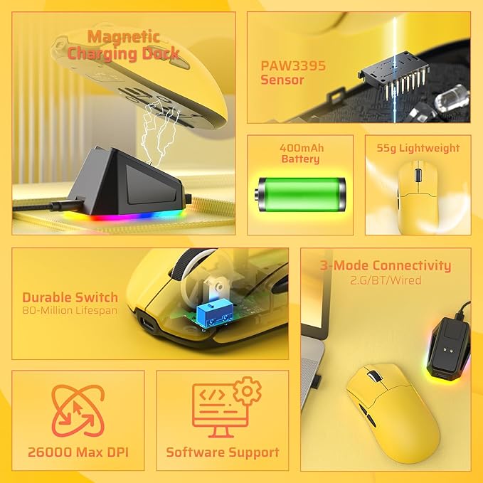 LTC GM022 Ultralight 3-Mode Wireless Gaming Mouse with RGB Charging Dock, PAW3395 26K DPI Sensor, 55G Lightweight Ergonomic Bluetooth Gaming Mouse, 5 Programmable Buttons, 80 Million Click Switch