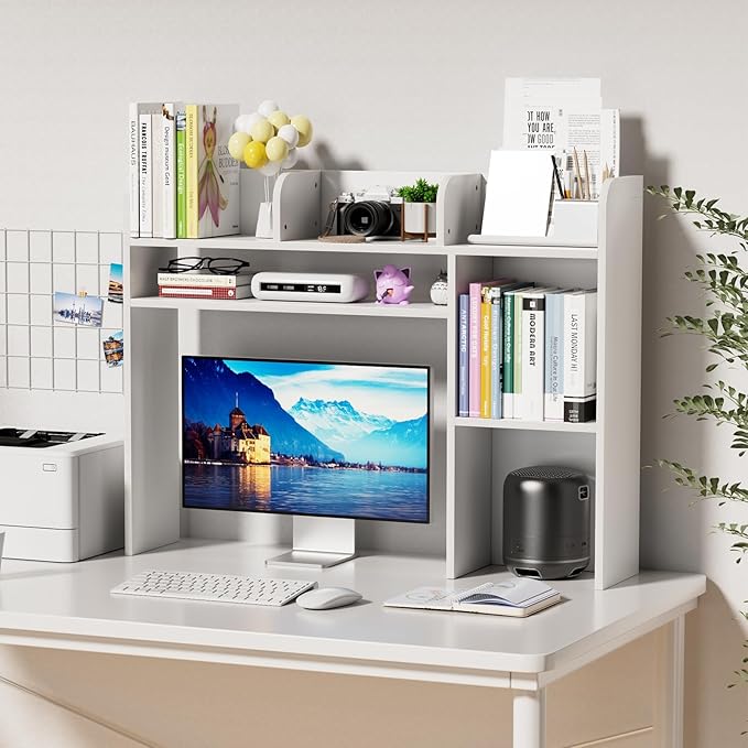 YGYQZ Desktop Bookshelf, White Desk Hutch with 6 Shelves for Computer Desk, Multipurpose Wood Desk Shelf Storage Organizer for Dorm Office Home