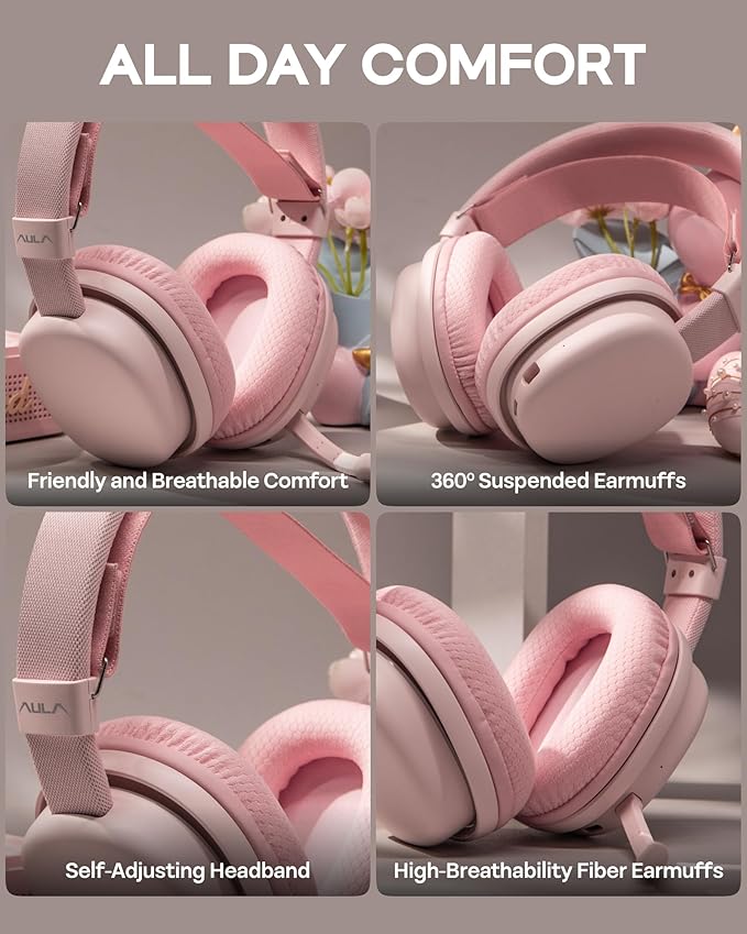 MechLands Aula G7 Wireless Gaming Headset for PS4/PS5/PC/Switch, Over-Ear Headphones with Detachable Noise Canceling Mic, RGB, Surround Sound, 60H Battery, 2.4GHz/BT/Wired (Pink)