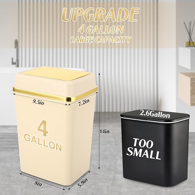 Bathroom Trash Can with Lid 4 Gallon Small Trash Can with Swing Lid Black/White/Beige Bathroom Garbage Can with 225 Counts Trash Bags for Kitchen Bedroom Office