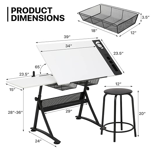 MoNiBloom Art Deco Drafting Table, Height-Adjustable, Tiltable Tabletop, Stool for Reading Writing Painting, Homeschooling Desk for Children with 2 Storage Drawers