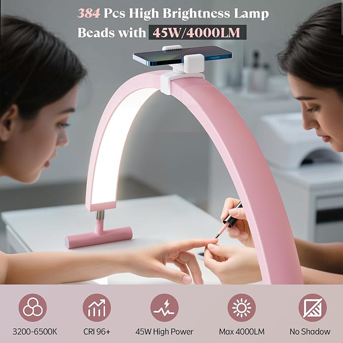 Mznoo Half Moon Light for Nail Desk, 30'' Large Half Moon Desk Lamp with Phone Holder, Professional Nail Tech Light with 3 Color Modes and 5 Brightness for Manicure Salon and Handicraft (Pink)
