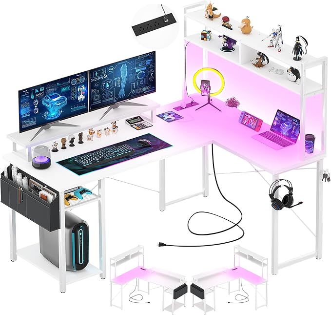 Aheaplus Small L Shaped Desk with Charging Port & LED Strip, Reversible L-Shaped Gaming Desk Computer Desk with Monitor Stand & Storage Shelf, Corner Desks Home Office Desk with Storage Bag, White