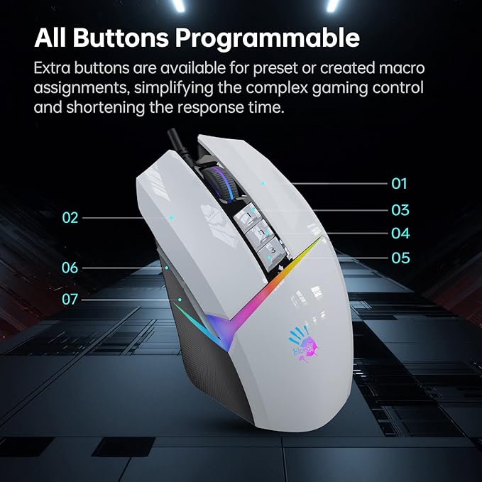 Bloody W60Max Wired RGB FPS Gaming Mouse, 10000 CPI, All Buttons Programmable, 2000Hz Report Rate, 250 IPS, 4M Onboard Memory (Pandawhite)