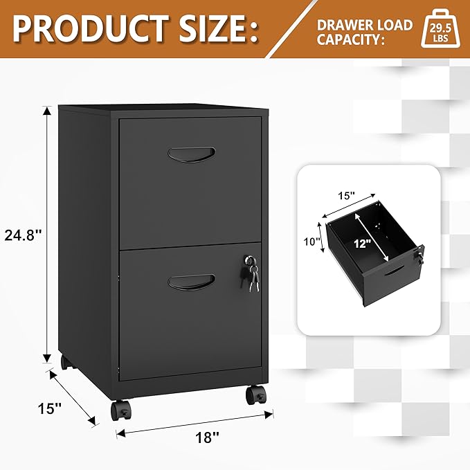 Polup 2 Drawer File Cabinet on Wheels, Mobile Two Drawer Filing Cabinet with Lock, Small Rolling Files Cabinets for Under Desk, Metal Filing Cabinets for Letter Size Folders - Assembly Required