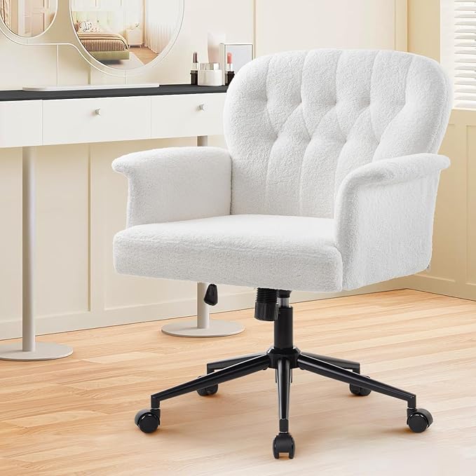 IWMH Home Office Desk Chair, Teddy Fabric Cozy Desk Chair with Wheels and Arms, Modern Upholstered High Back Wide Seat Vanity Chair for Bedroom Living Room Makeup (White)