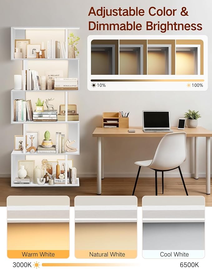 6 Tier S-Shaped Geometric Bookcase with LED Light, Touch & Remote Control, Wide Tall Freestanding Display Shelf, Industrial Storage Cabinet for Living Room, Bedroom, Office(White)