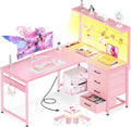 MOTPK L Shaped Gaming Desk with Drawers & LED Light & Power Outlet, 43" Reversible Computer Table with Shelves & Hooks for Home Office, Carbon Fiber Pink
