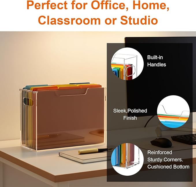 Acrylic File Organizer, 12.2 x 3.5 x 9.6 Inch Clear Hanging Folder Organizer with Handle Lightweight Slim Desktop File Storage for School, Office, Home