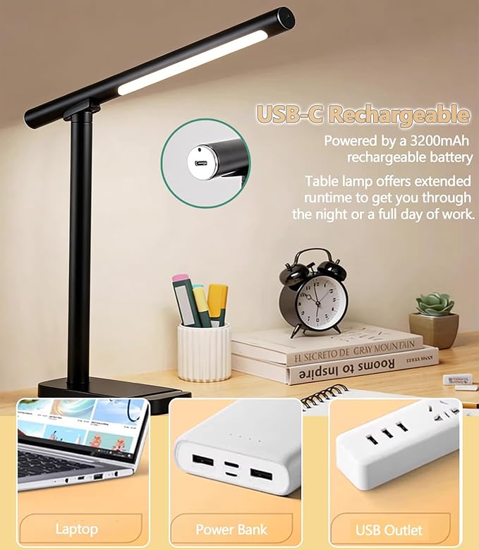 Vitoki LED Desk Lamp for Home Office with Magnetic Detachable, Eye-Caring Reading Light with Phone Stand 3 Color Mode, 5-Level Dimmable, Rechargeable Table Lamp Night Lights for Bedroom Study Bedside