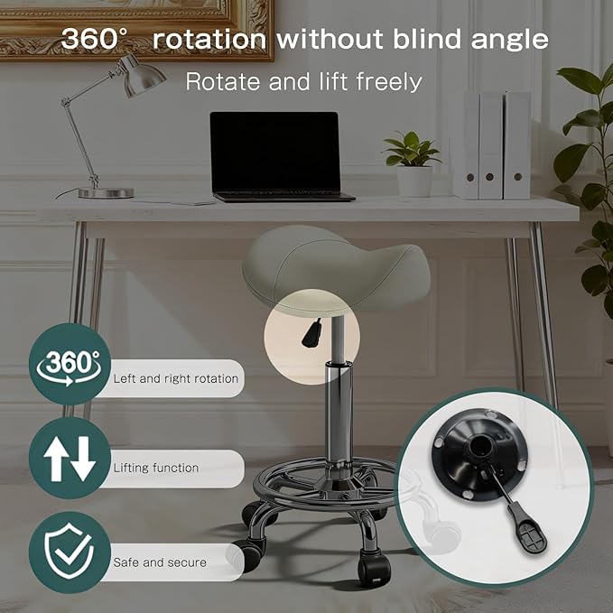 Saddle Stool, Adjustable Height Ergonomic Swivel Chair with Wheels, PU Leather Saddle Seat with Ring Pedal for Salon, Massage, Clinic, Lab, and Office