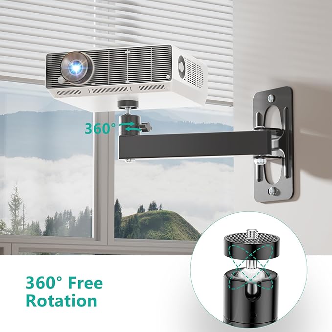 WALI Mini Projector Wall Mount, Full Motion Adjustable Bracket for 1/4" M4 M6 Screws, Hanging Holder for Small Projectors, Supports up to 4.4lbs - 1330LM-PMS, Black
