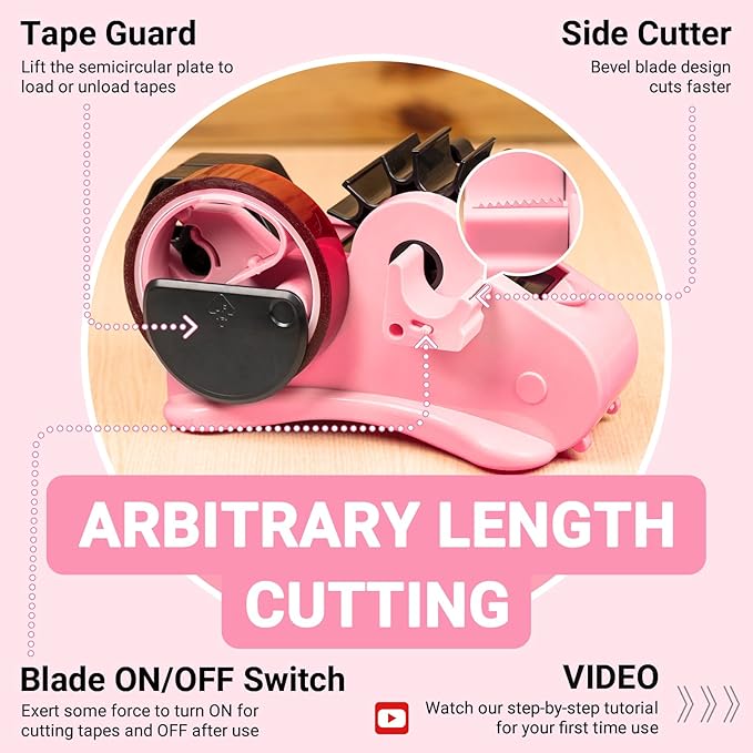 THINKLEARN Heat Tape Dispenser - Sublimation Heat Transfer Tape Dispenser with Scissors and Utility Knife, 1 '' & 3'' Core, Multi-Roll Pre-Cut Tape Dispenser, Light Pink
