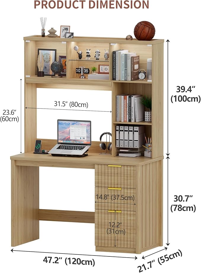 Lvifur LED Study Desk with Hutch & Storage Cabinet, 47" Home Office Desk with Outlet and 3 Color LED, Writing Desk for Bedroom, Computer Desks for Studyroom, Ideal for Office Set, Natural