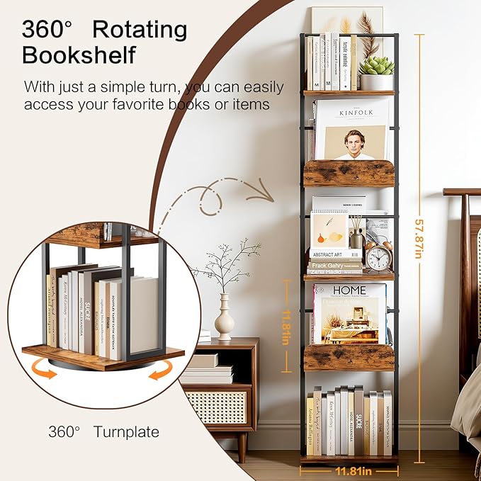 Bikoney Rotating Bookshelf, 360 Display Spinning Bookshelf Tower, 5-Tier Narrow Bookcase, Tall Industrial Book Shelf Organizer, Small Corner Book Shelves for Living Room, Black