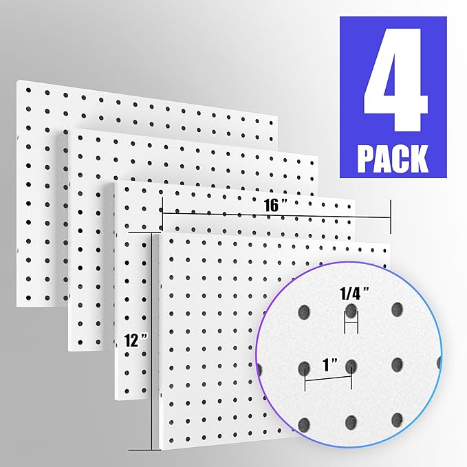 Spampur Peg Board, 4 Pack Metal Peg Board Panels, White PegBoard Wall Organizer for Gaming Room, Office, Craft Room Storage and Organization, Garage Tool Storage, SewingRoom, Workbench