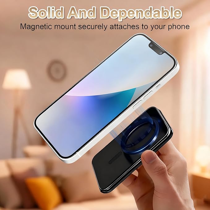 Magnetic Phone Stand, Compatible with All Smartphones 17/16/15/14/13/12 Series, Slim PU Leather Desk Stand with Multi-Angle Adjustment, Portable & Includes 1 Strong Magnetic Ring for Any Phone(Black)