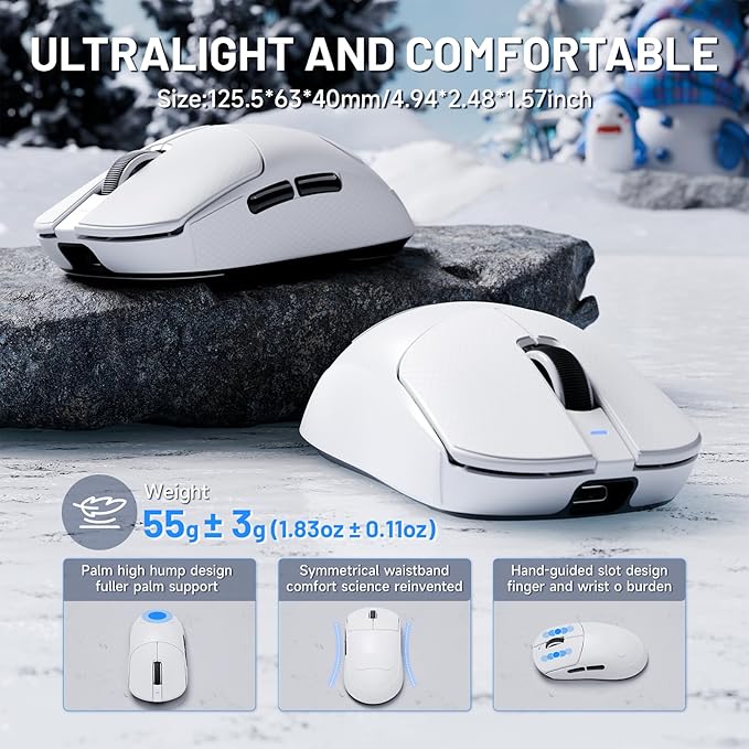 ATTACK SHARK X8ULTRA Wireless Gaming Mouse, 42000 DPI PAW3950MAX Sensor, 8000Hz Optical Nordic 52840 Tri-Mode 2.4G/BT/Wired, 55g Lightweight Big Hand Ergonomic Mouse with Coiled Cable-White&Tape