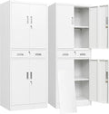 BESFUR Metal Storage Cabinet with a Drawer 4 Doors and 2 Adjustable Shelves Garage Storage Cabinet with Lock 71" Office Storage Cabinets Locking Cabinets for Garage Office Shop Home (White)