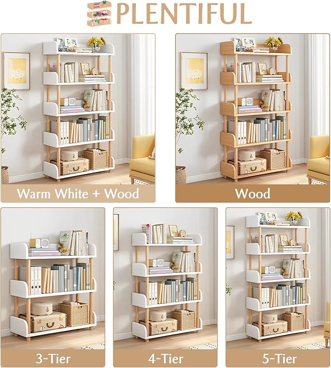 OSCHF 5-Tier Wooden Open Bookcase - Modern Display Bookshelf with Top Edge and Solid Wood Frame for Home and Office, Storage Cabinet, Warm White