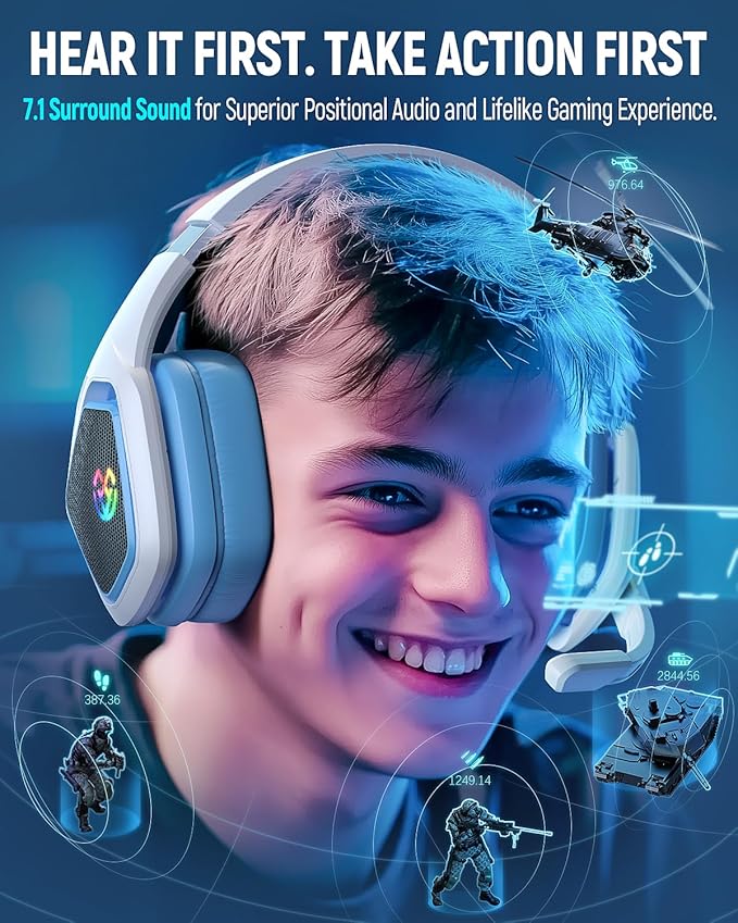 Tatybo Wireless Gaming Headset for PC, Ps5, Ps4, 2.4 Ghz USB & Type-C Gaming Headphones with Microphone, 30H Battery Bluetooth Headphones for Switch, Laptop, Mobile, Mac (Blue White)