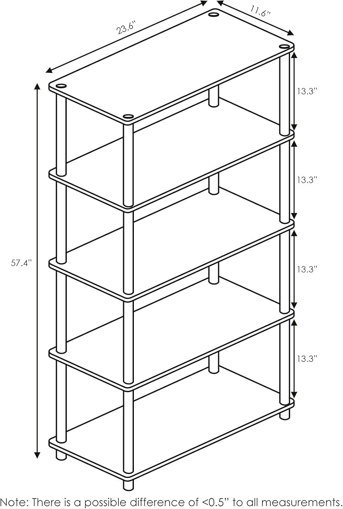 Furinno Wire Book Shelf, 5-Tier Industrial Style Metal Frame Bookcase, Display Shelf, 24 Wide, Walnut Cove
