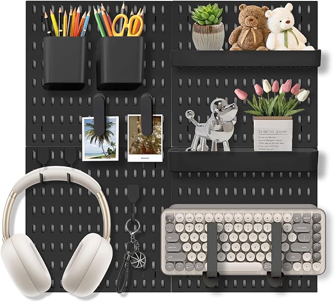 Pegboard Wall Organizer Set – 4 Peg Boards with Hooks & Shelves – Office, Kitchen, Gaming Room Desk Pegboard Storage – Peg Board Wall Display Rack (Black)