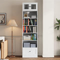 TUSY 85.5 Inch Tall Bookshelf with Doors - 7 Tier Bookcase with Glass Doors and Drawer, 23.6" Wide Storage Cabinet with Open Shelves for Living Room, White Book Shelf for Home Office, Study (B)