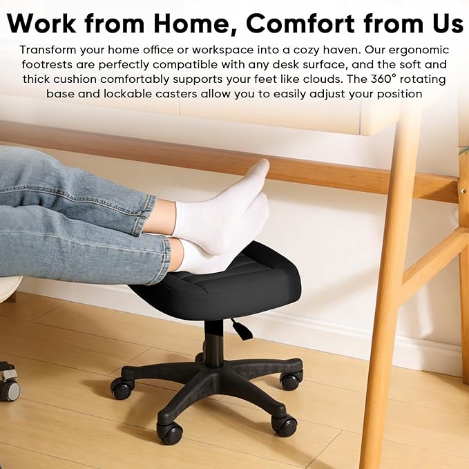 Height Adjustable Foot Stool,Large Seat Under Desk Footrest,Swivel Rolling Chair W Sturdy Wheels,Ottoman Stool Simple Meeting Chair for Home Office,Black