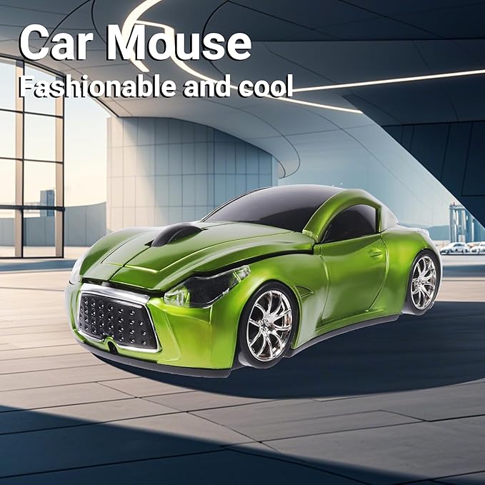 Elec Space Wireless Car-Shape Mouse With LED Headlights, 2.4G Unique for Kids, USB Receiver, 1600 DPI Cute Gaming for Laptop PC Computer - Green