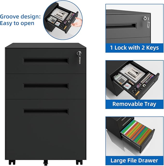 Dripex 3 Drawer Black File Cabinet, Mobile Under Desk Storage File Cabinet with Lock on Wheels, Fully Assembled, Letter/Legal Size, Small Short Vertical Metal Rolling Filing Cabinets for Home Office