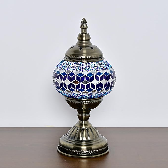 GOGERS Turkish Moroccan Table Lamp Lantern with Handmade Mosaic Glass Lampshade Tiffany Style Bohemian Stained Glass Decorative Desk Lamps Bedside Night Lights for Bedroom (Multiple Blues)