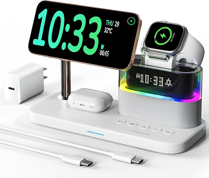 Compatible with Qi2 Certified Wireless Charging Station with Alarm Clock and Night Light,15W Fast 5 in 1 Mag-Safe Charger Stand for iPhone 16 15 14 13 12 Pro Max,Apple Watch,Air-Pods(White)