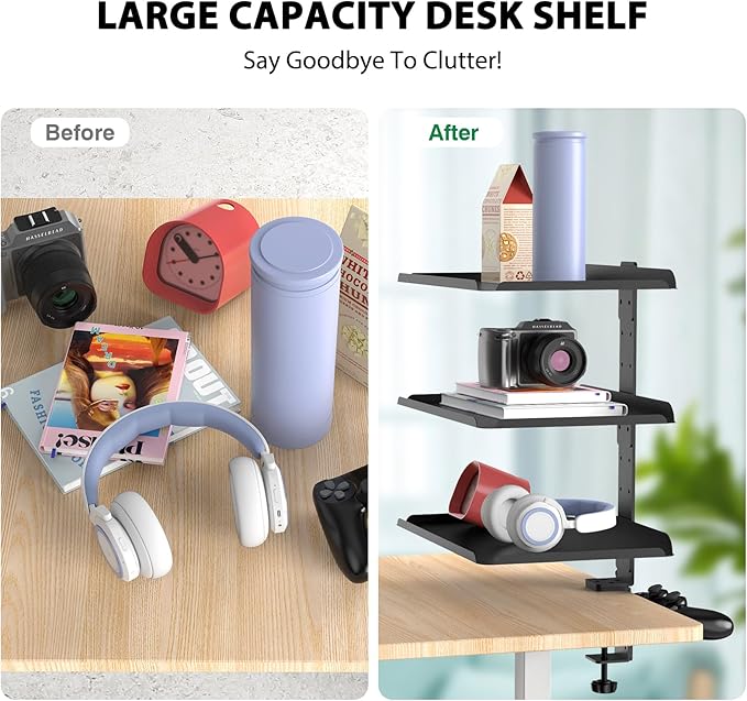 3 Tier Clamp On Desk Shelf with Adjustable Metal Storage Tray & Headphone Stand Over or Under Table Storage No Drilling Desk Extension Shelving Unit Desktop Shelves for 2.5in Max Desk Thick