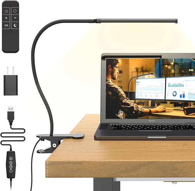Mojimdo Desk Lamp with Remote, 3 Color & 5 Brightness & 77LED Dimmable Reading Lamp, 15.7'' Flexible Gooseneck Clamp Lamp, Eye-Caring Clip on Light with Adapter for Reading Study Workbench Drafting