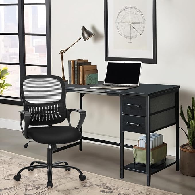 GIA 40'' Home Office Desk and Office Chair Set,Compact Writing Desk with 2-Tier Storage Drawers, Black Wood Computer Desk and Mesh Chair with Fixed Armrests and Soft Foam Seat Cushion for Small Spaces